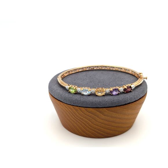 Multi Semi-Precious Gemstone Gold Tone Oval Bangle Bracelet - Picture 4 of 6